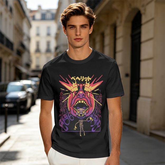 Olive t-shirt with surreal demon and ghost graphic print