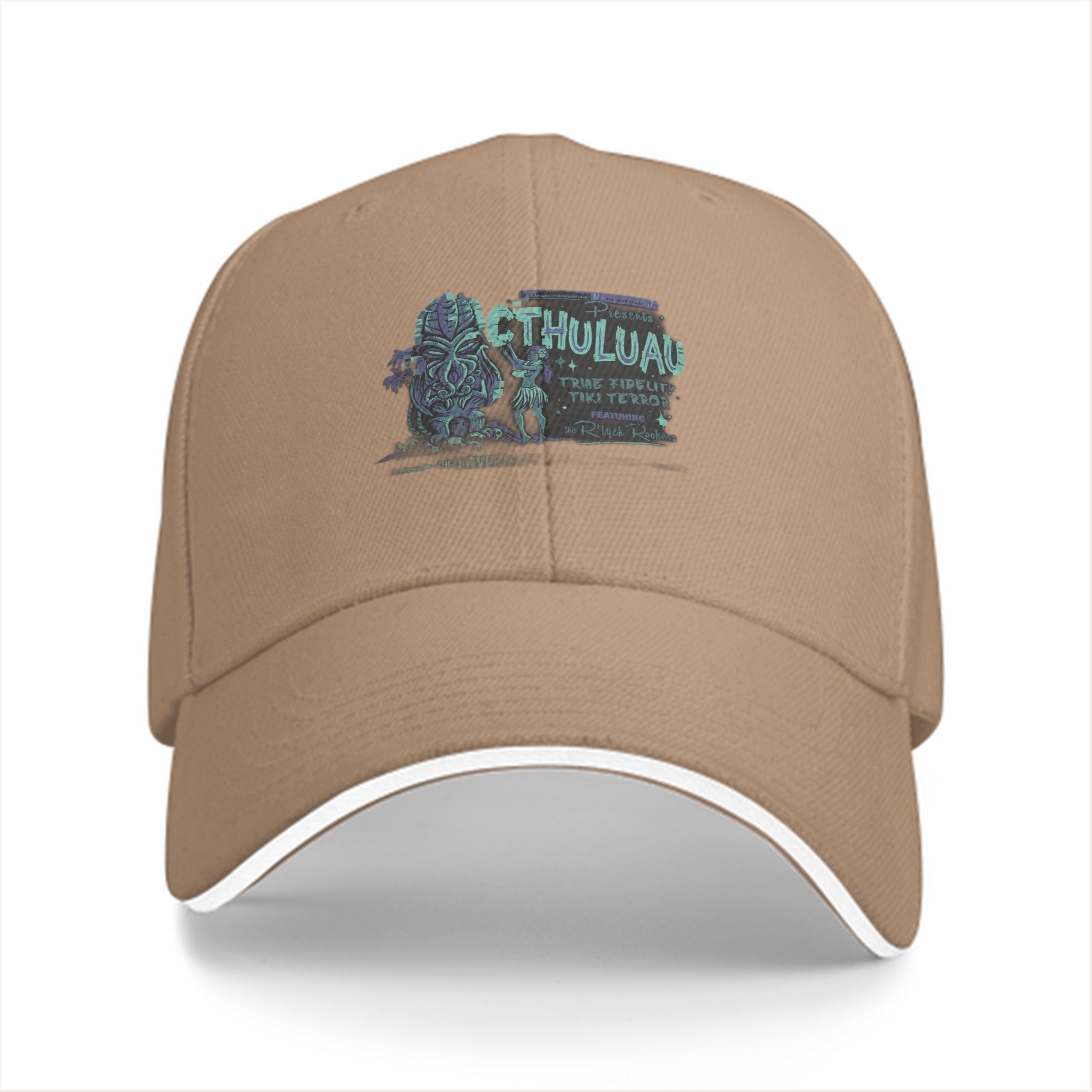 Black baseball cap with Cthuluau tiki monster graphic print
