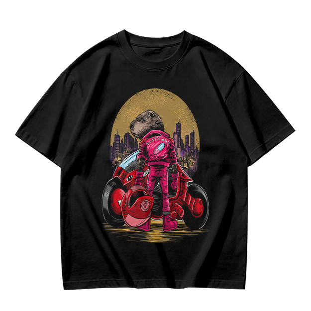 Olive T-Shirt With Capybara Biker And Futuristic City Print