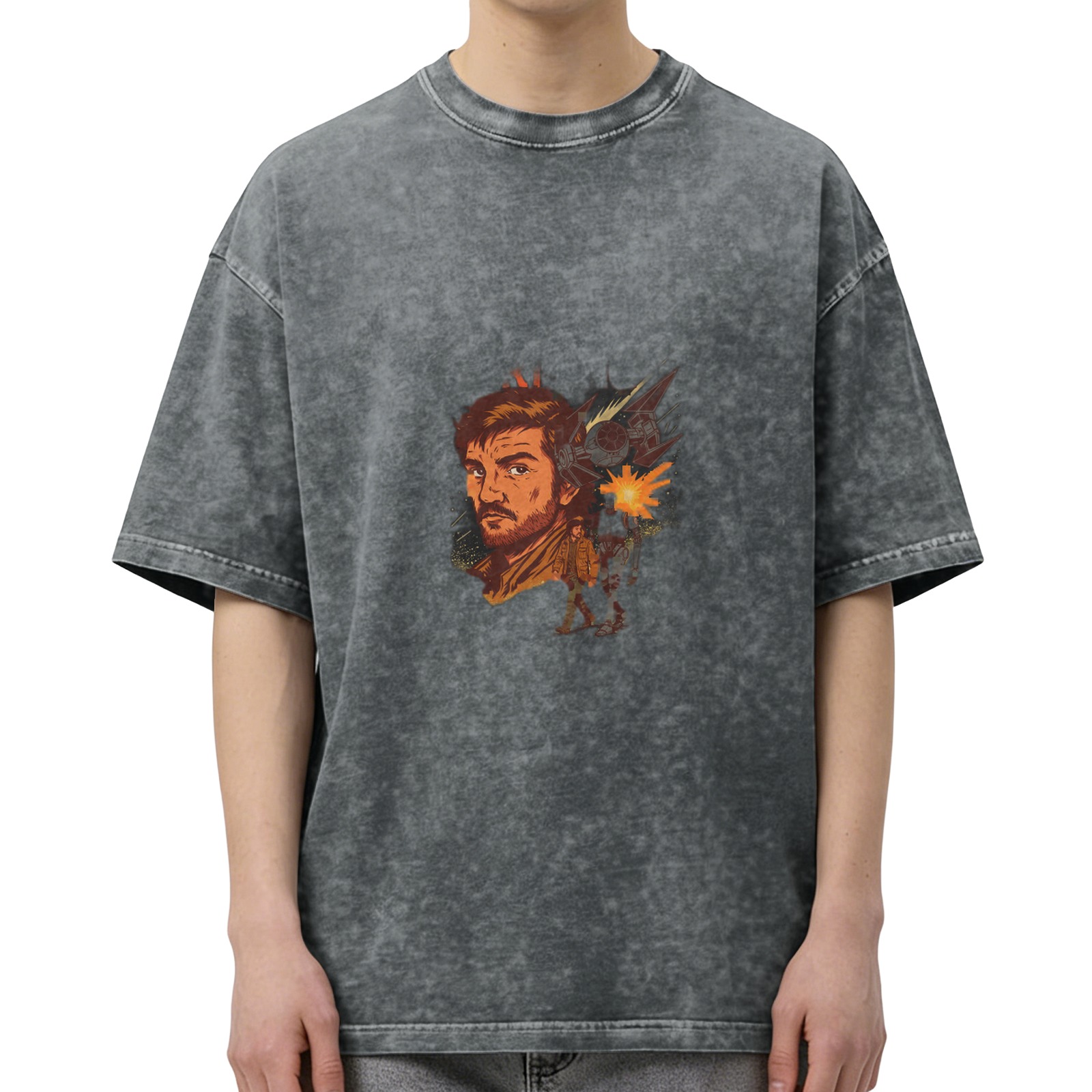 Washed Black Oversized T-Shirt with Retro Sci-Fi Character Graphic
