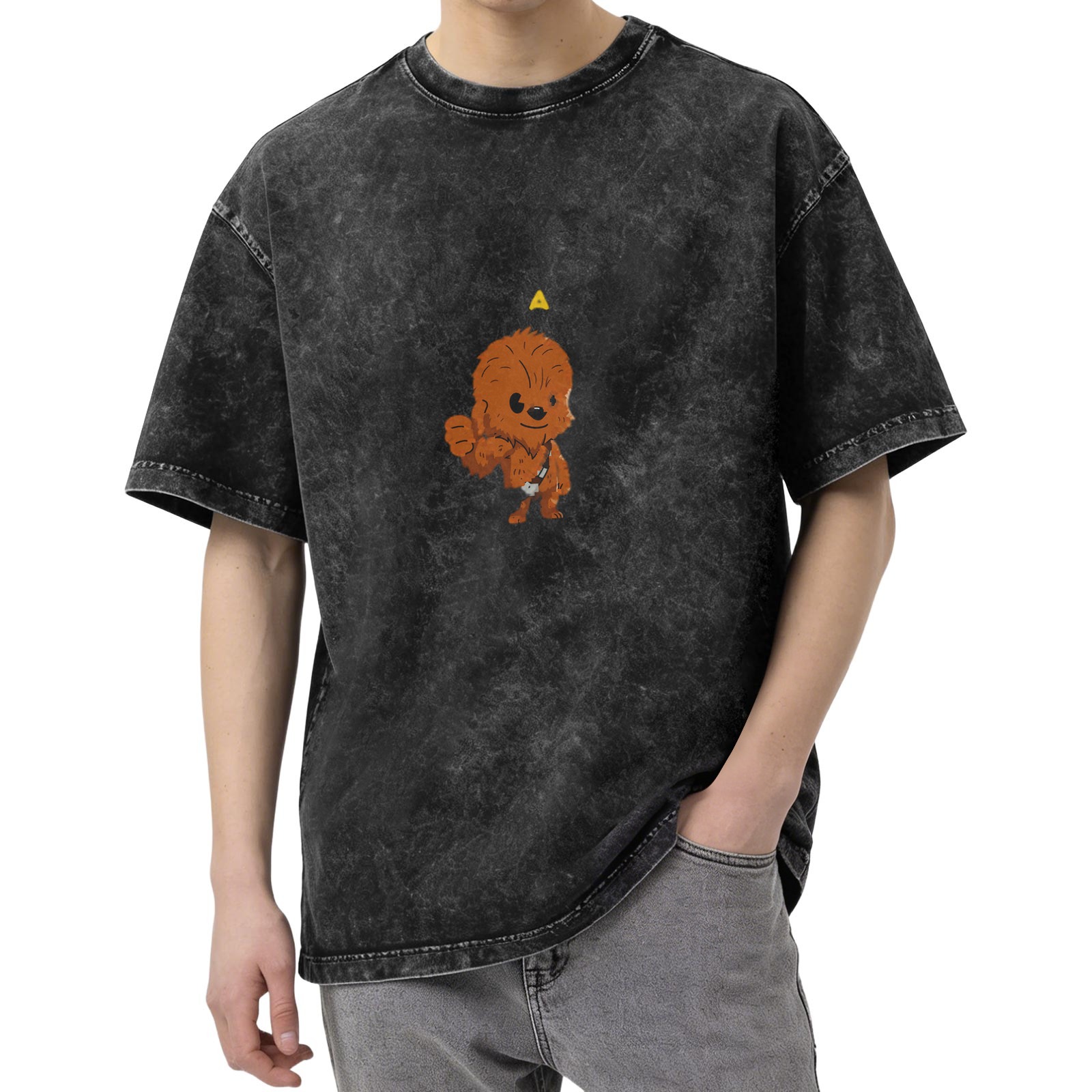 Washed black t-shirt with cute cartoon Chewbacca graphic
