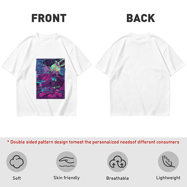 Olive T-shirt with Neon Cyberpunk Anime Character Print