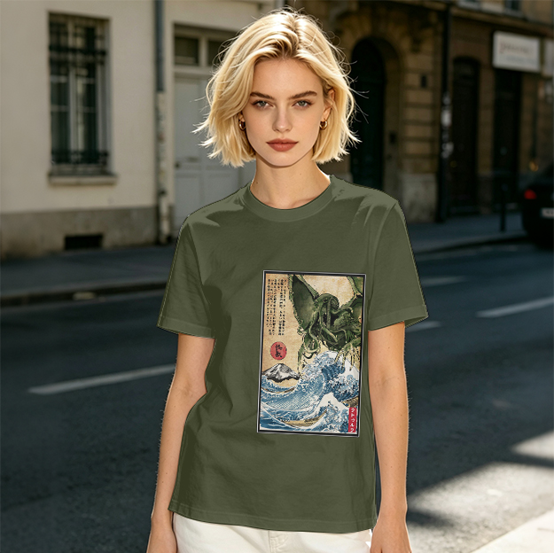 Olive T-shirt with Japanese ukiyo-e style Cthulhu wave print