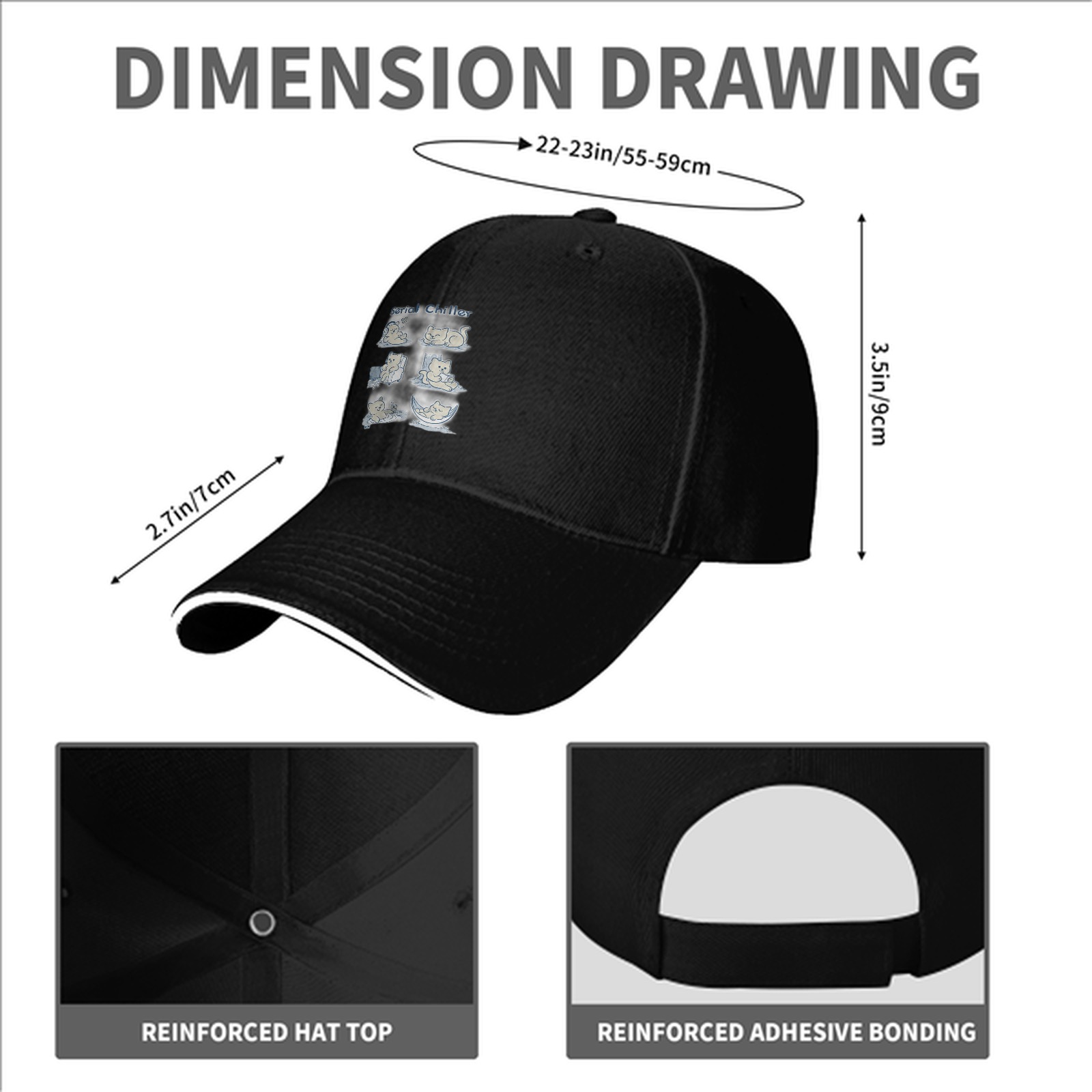 Black baseball cap with serial chillax cat illustrations