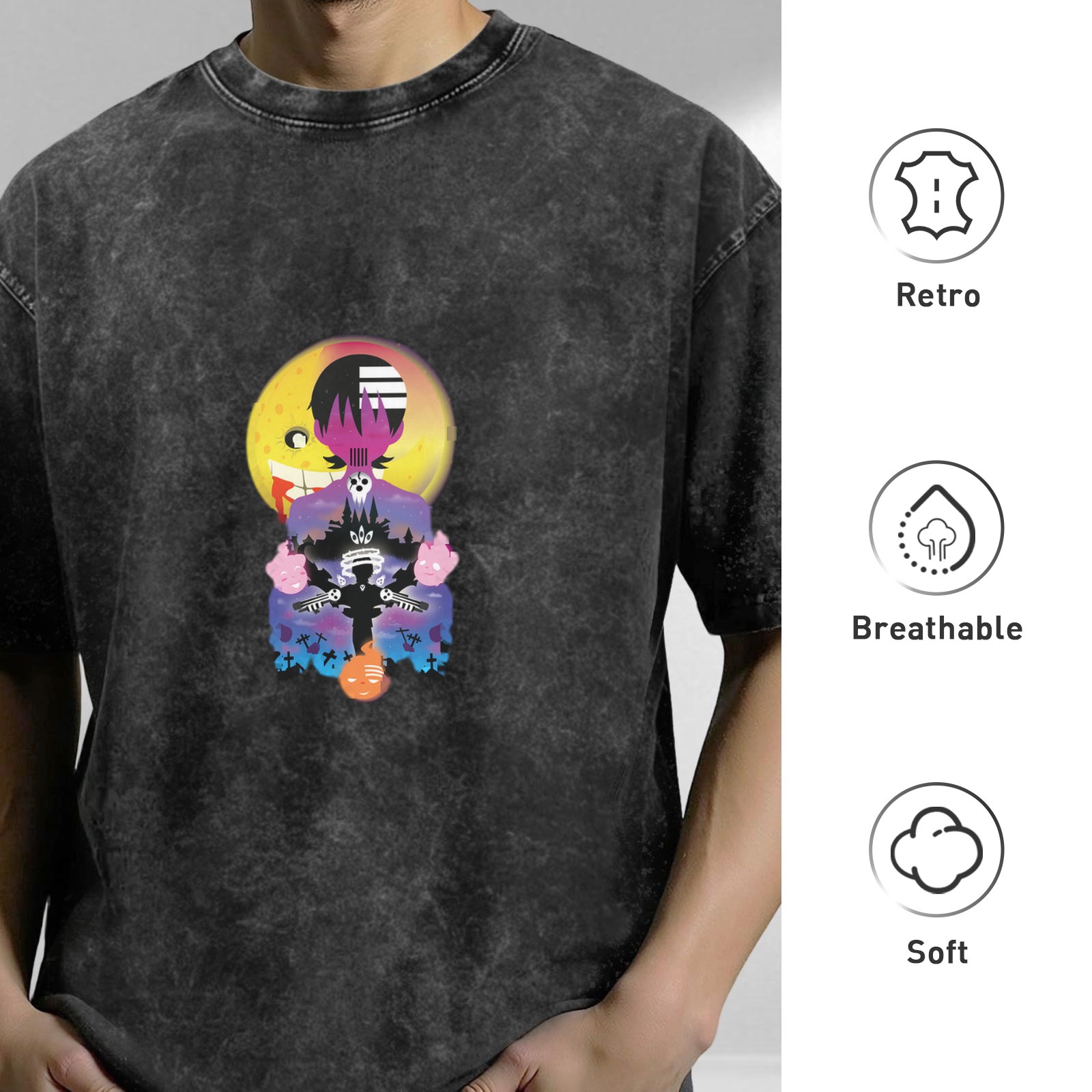 Oversized Acid Wash T-Shirt with Anime Graphic Print