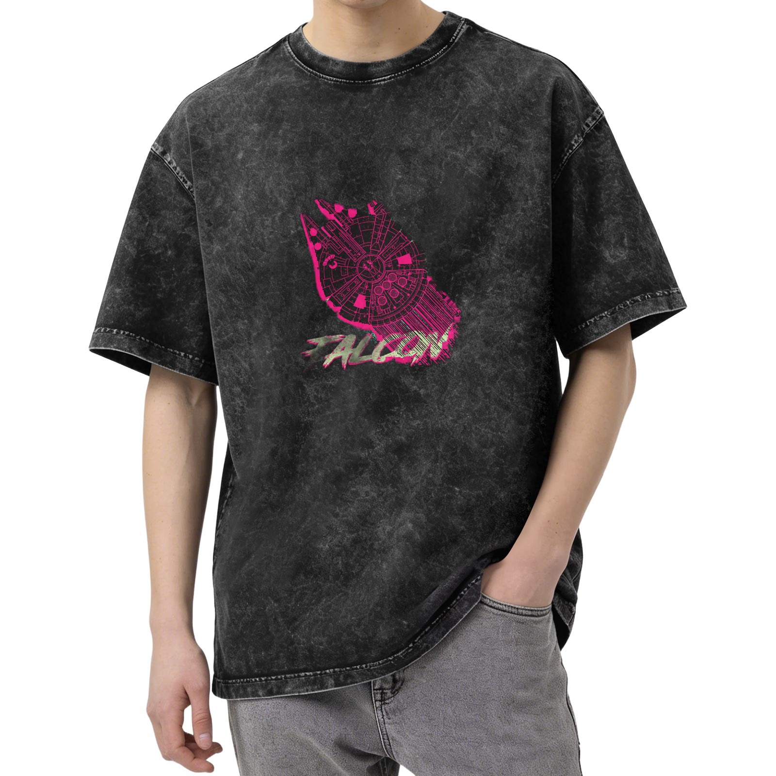 Distressed black short-sleeved T-shirt, pink Millennium Falcon pattern on the chest, FALCON print, loose fit