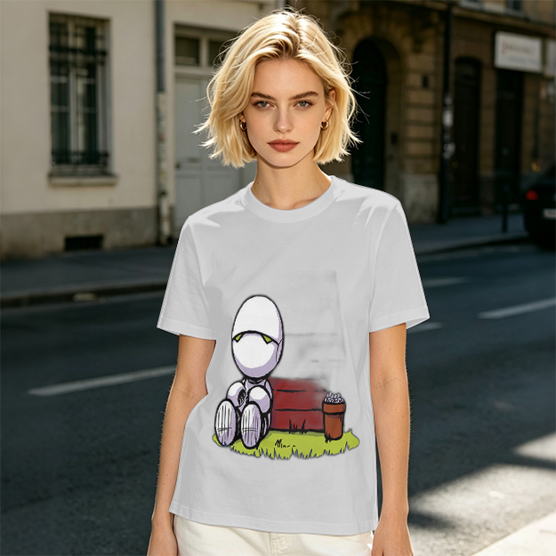 Olive T-Shirt With Sad Sitting Robot Graphic Print