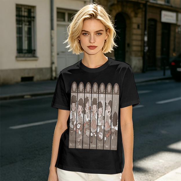 Olive green t-shirt with cartoon medieval feast scene print