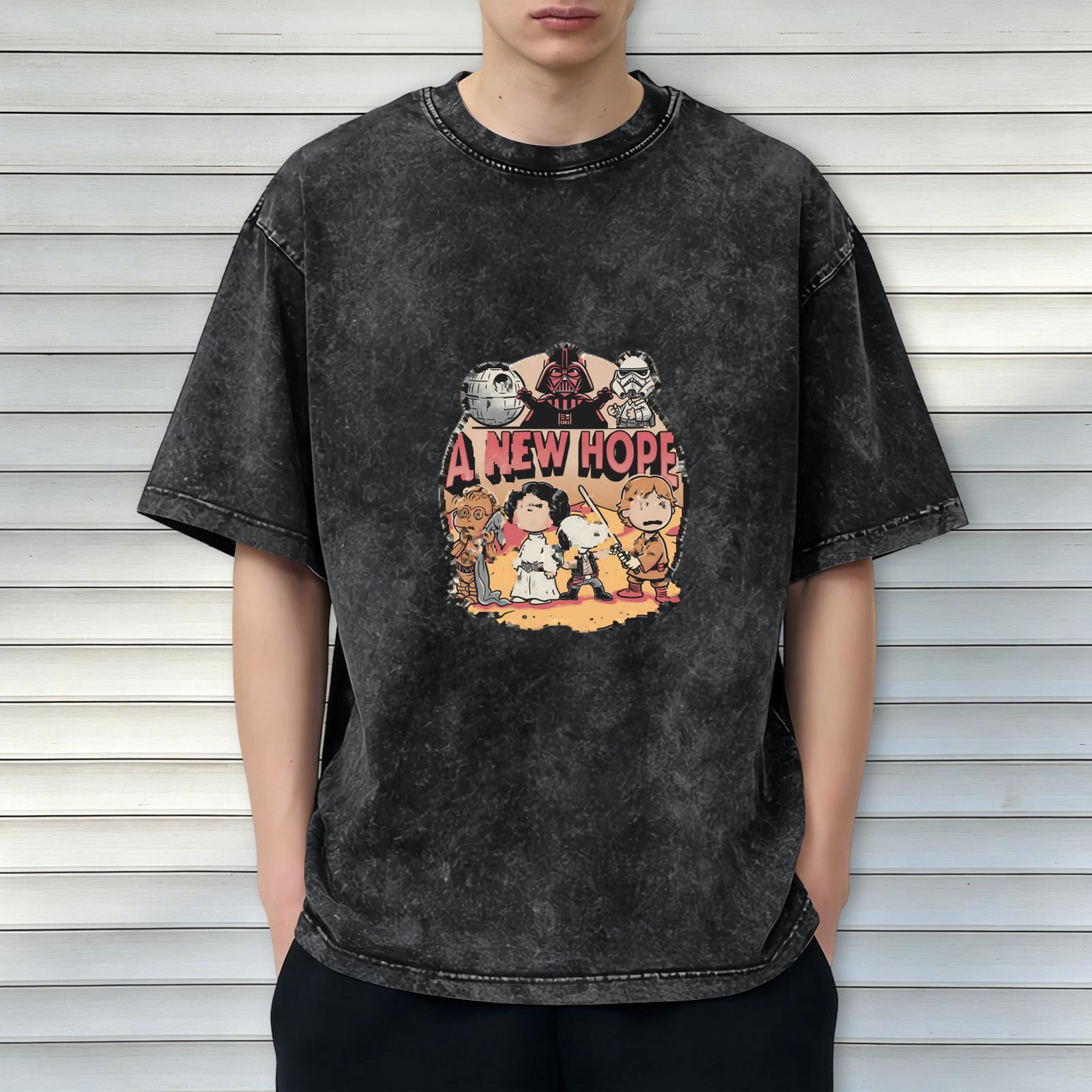 Washed Black T-Shirt with Peanuts x Star Wars A New Hope Graphic