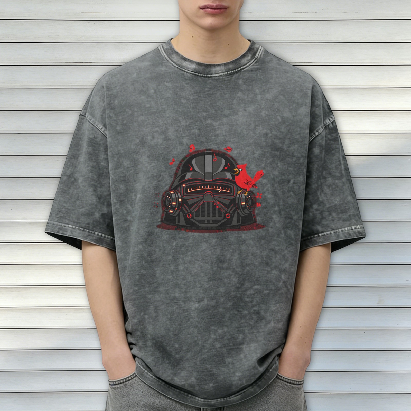 Oversized acid wash t-shirt with Darth Vader helmet and cardinal bird graphic