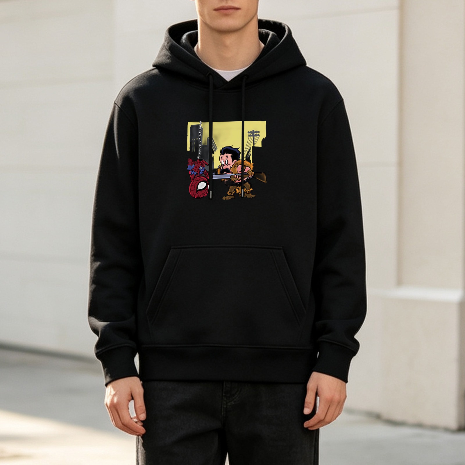 Black hoodie with cartoon Spider-Man and hunter graphic print