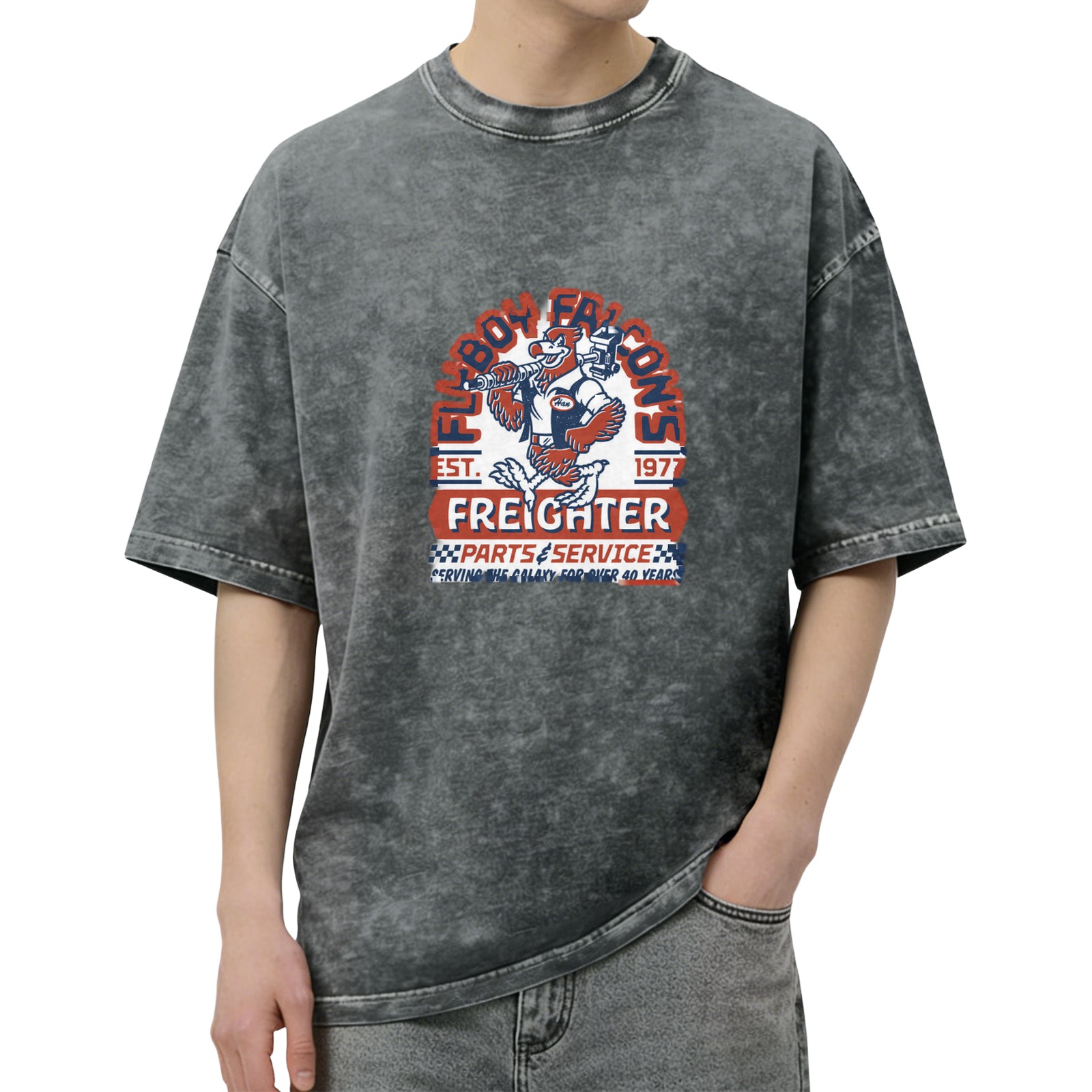 Washed Graphic T-Shirt with Falcon Freighter Parts Service Print