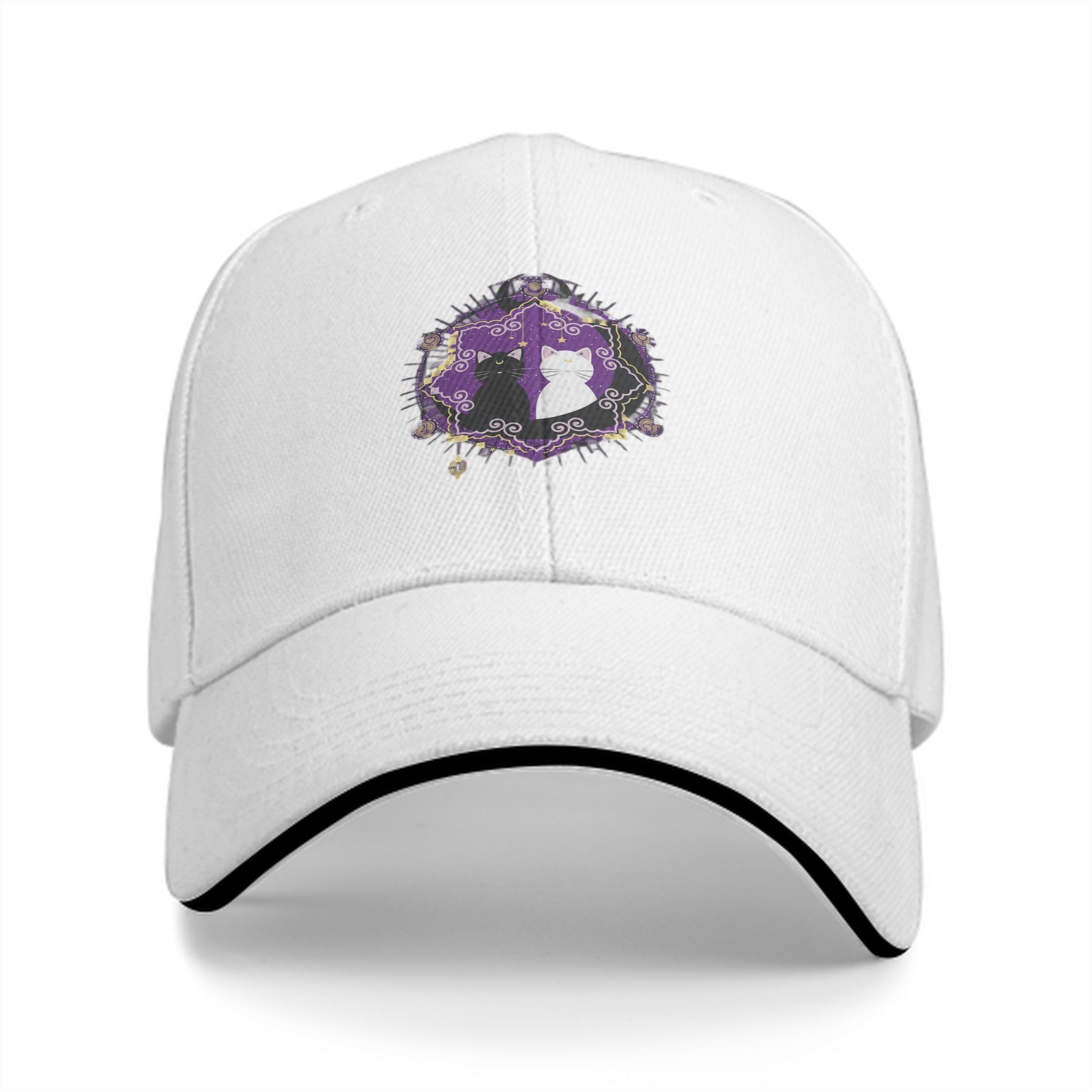 Black baseball cap with purple star cat graphic design