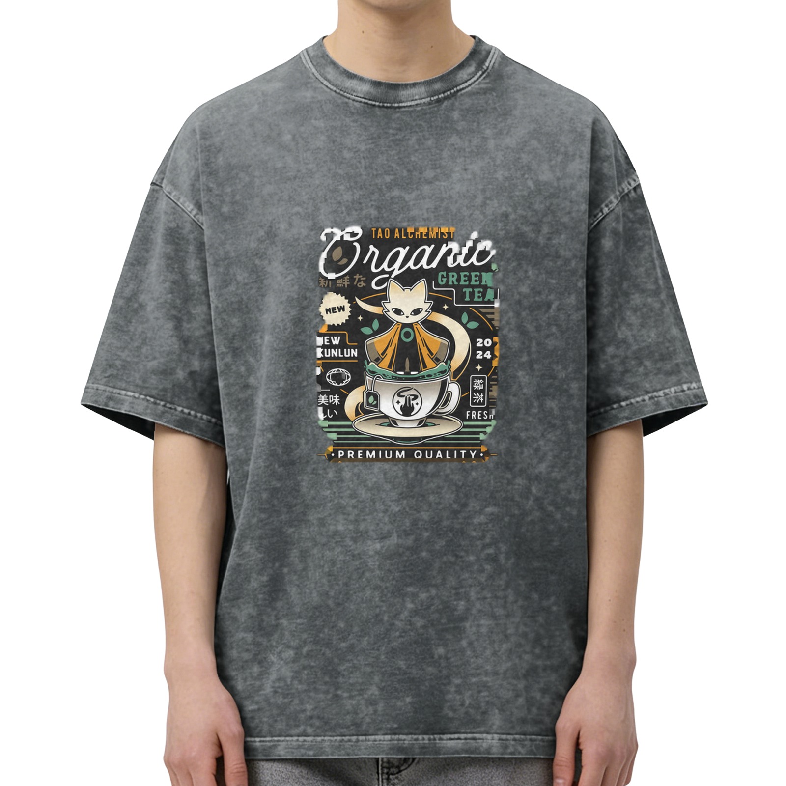 Organic Green Tea Cat Graphic Washed Cotton T-Shirt