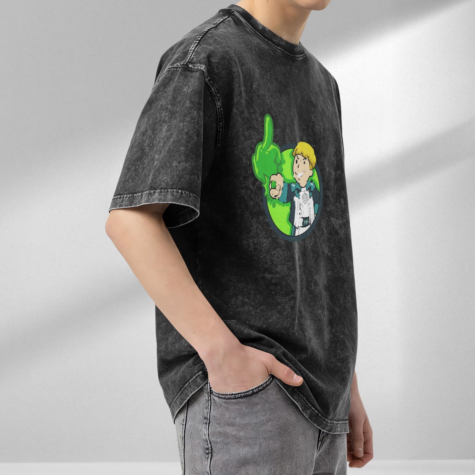 Oversized Acid Wash T-Shirt With Cartoon Character And Green Slime Graphic
