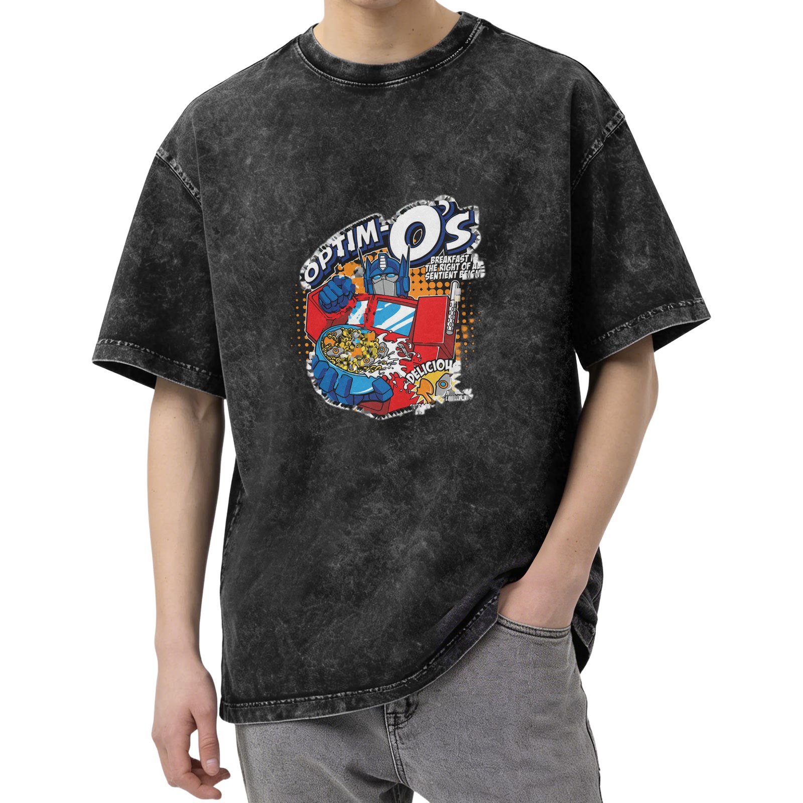 Washed Black T-Shirt with Optim-O's Transformers Graphic Print