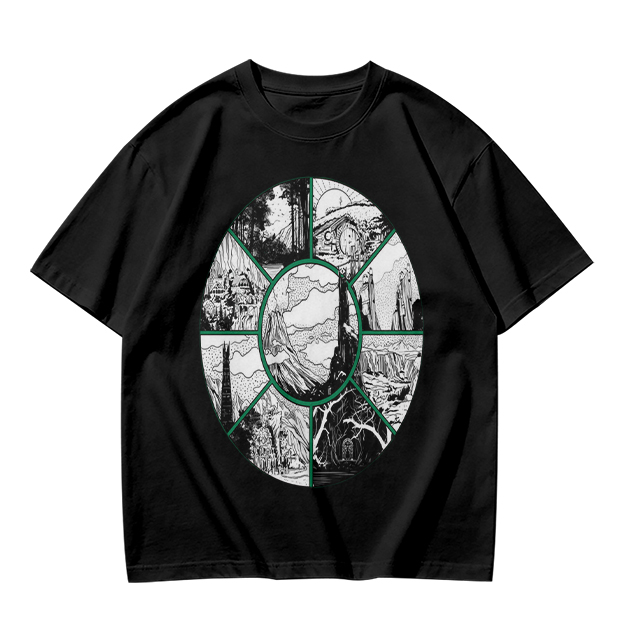 Olive Green T-Shirt With Circular Fantasy Landscape Art Print