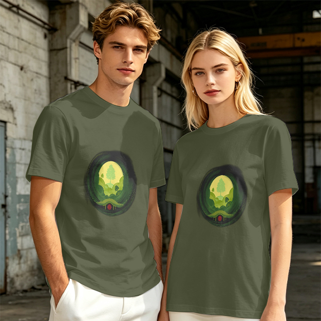 Olive Green T-Shirt with Hobbit Hole Landscape Art Print