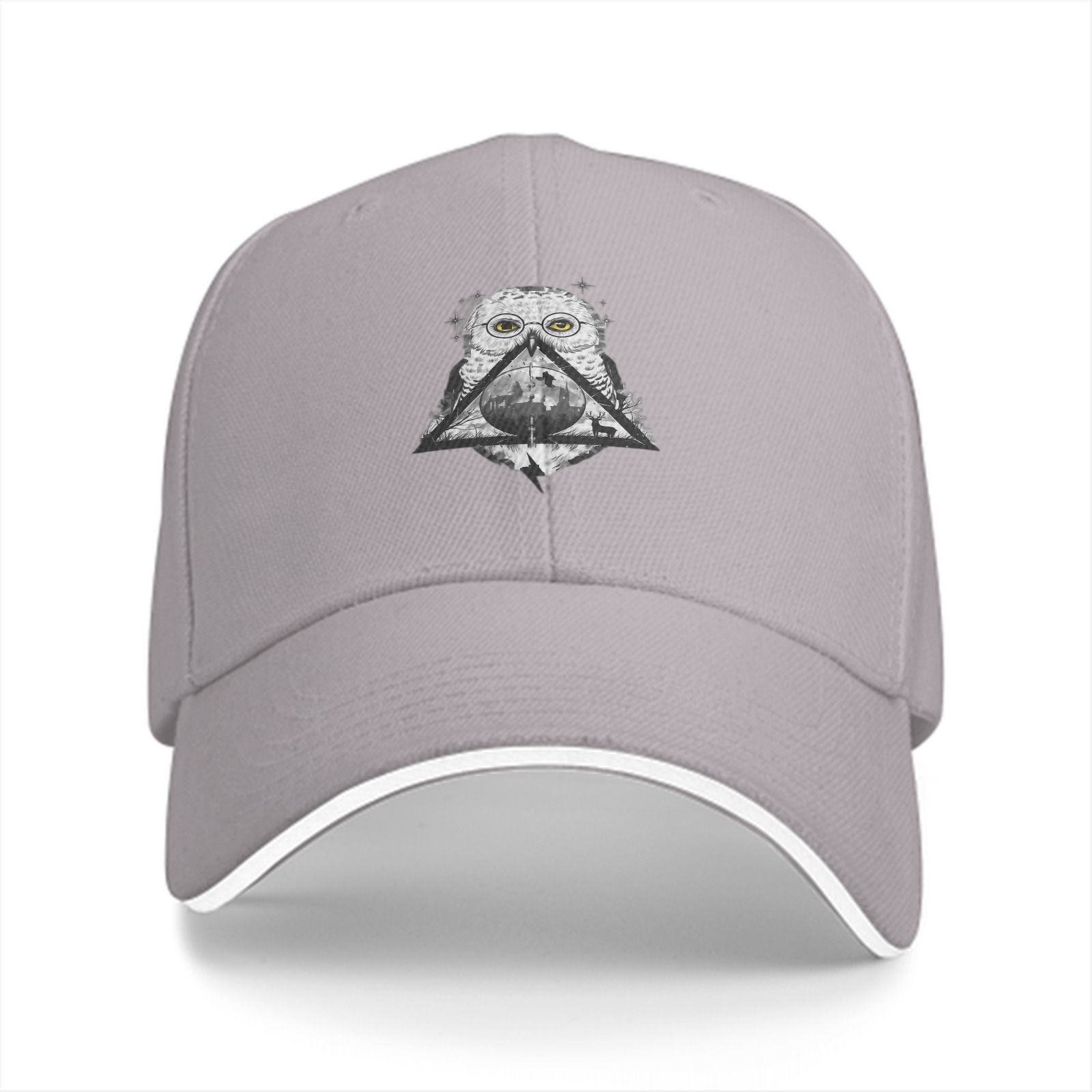 Black baseball cap with owl and deathly hallows graphic