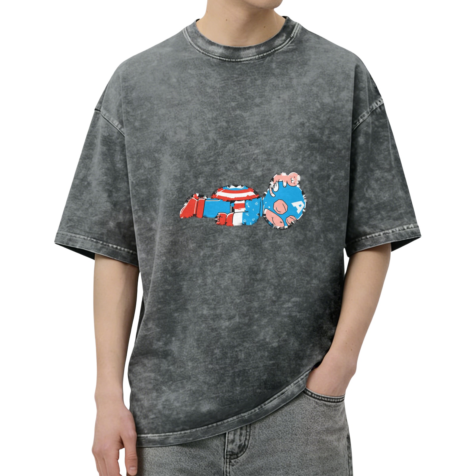 Oversized Acid Wash T-Shirt With Distressed Captain America Art