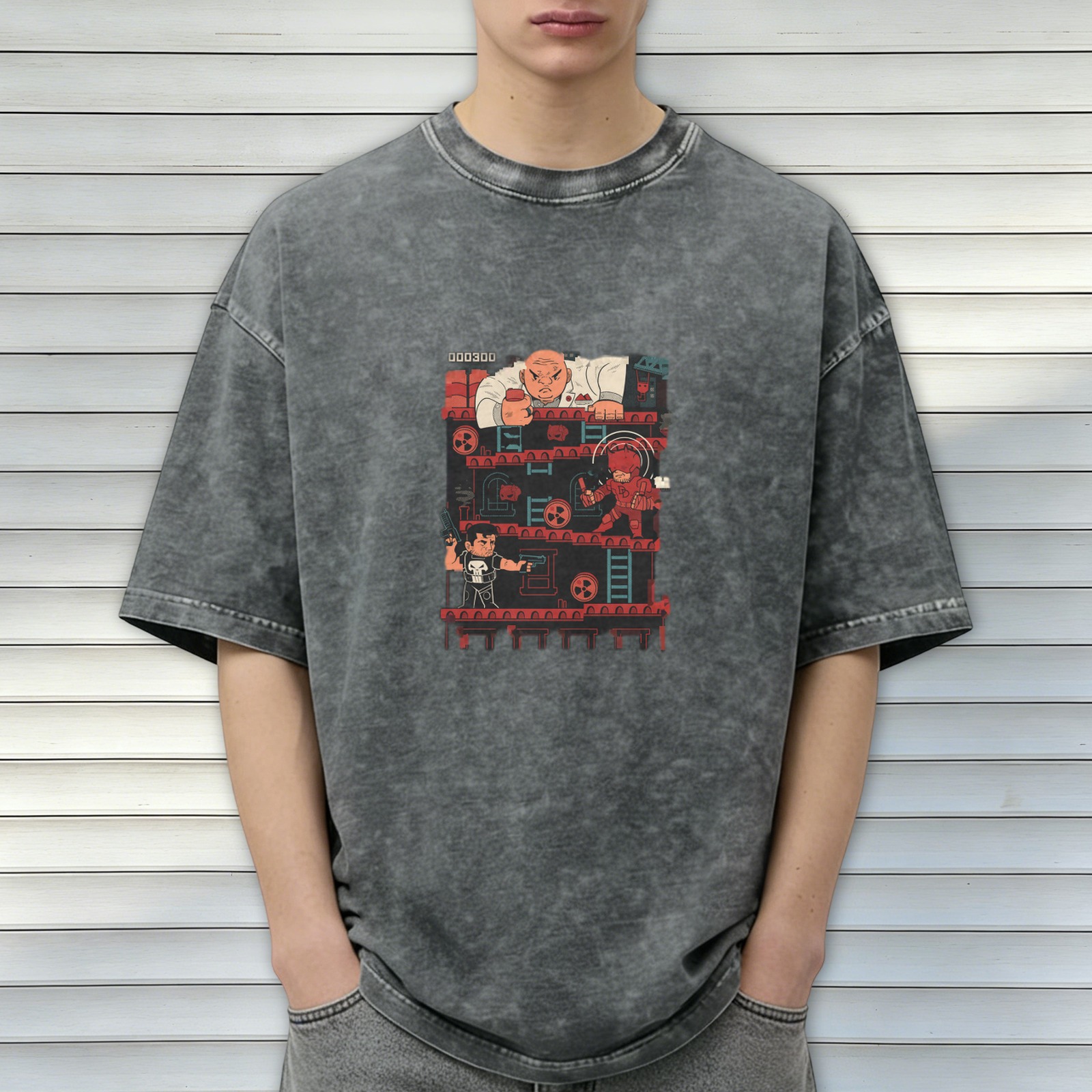 Marvel Superhero Retro Arcade Game Graphic Acid Wash T-Shirt