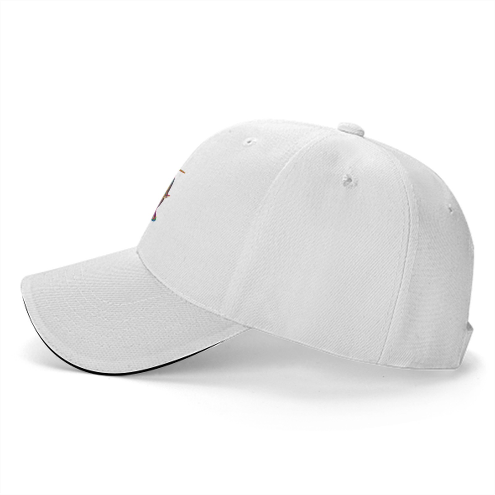 Black baseball cap with vibrant rainbow pegasus fantasy graphic