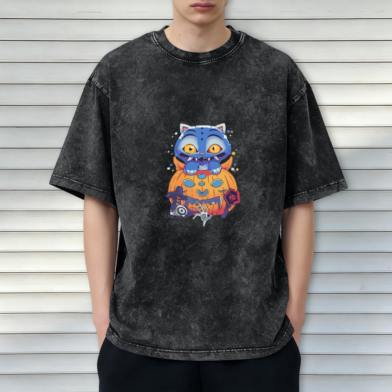 Oversized dark washed graphic t-shirt with spooky Halloween cat and pumpkin