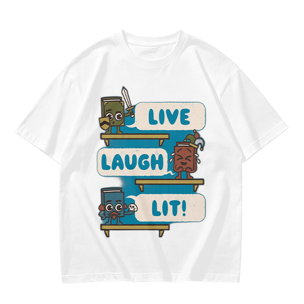 Olive T-Shirt With Cartoon Books 'Live Laugh Lit' Graphic