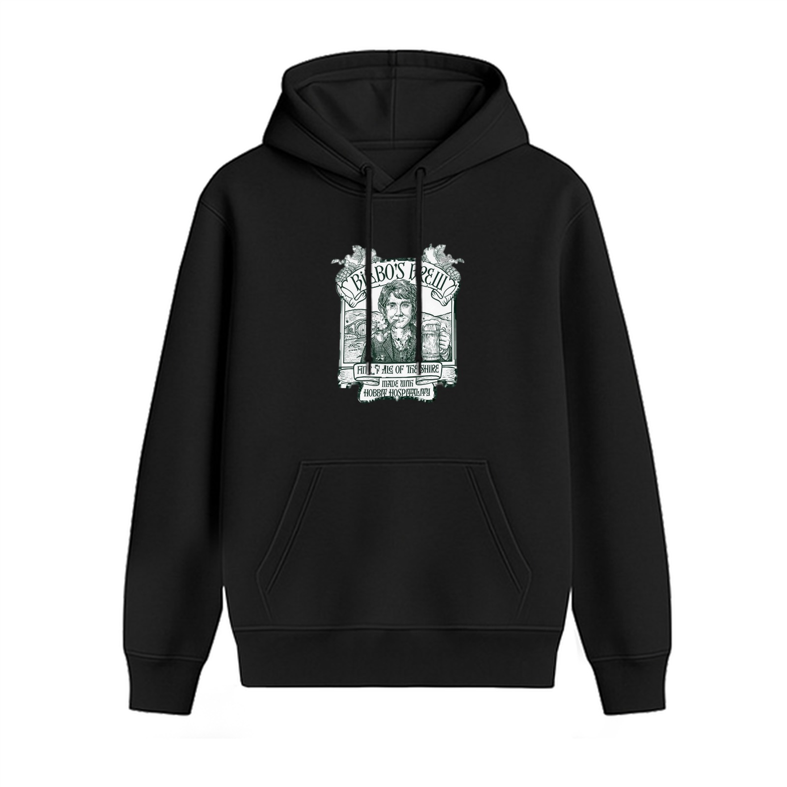 Black hoodie with Bilbo's Brew fantasy themed graphic print