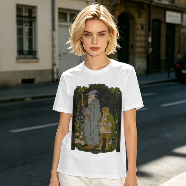 Olive T-Shirt with Wizard and Hobbit Fantasy Art Print
