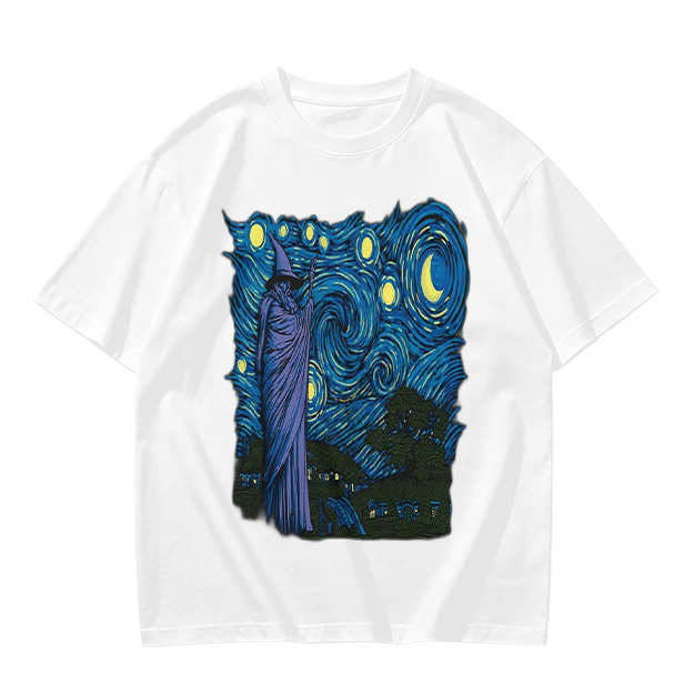 Olive T-Shirt with Wizard Starry Night Art Print