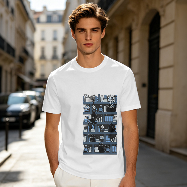 Olive Green T-Shirt With Black Cats On Bookshelves Graphic