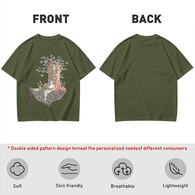 Olive t-shirt with whimsical floating treehouse reading scene print