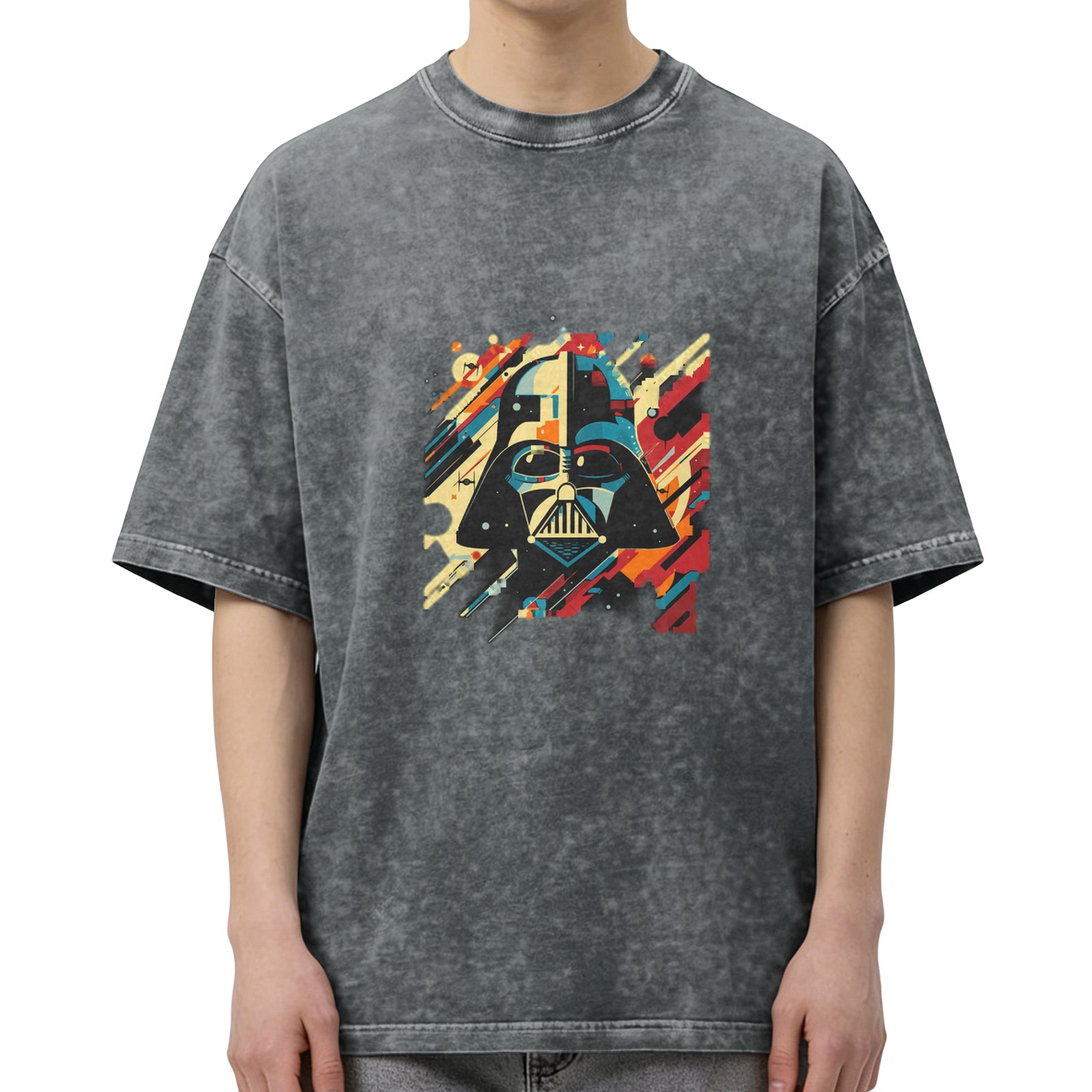Washed Black T-Shirt with Retro Darth Vader Graphic Print