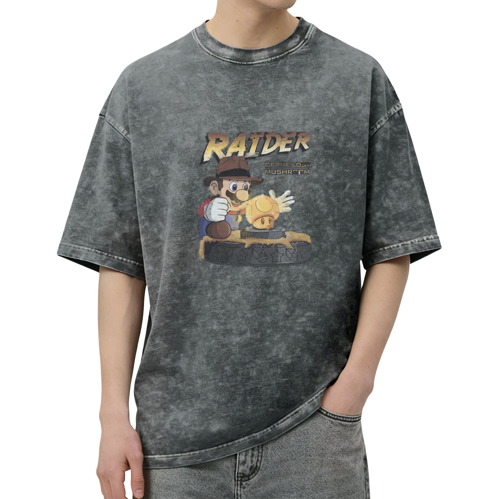 Vintage Washed Black Short Sleeve T-Shirt with 'Raider of the Lost Mushroom' Mario Graphic Print