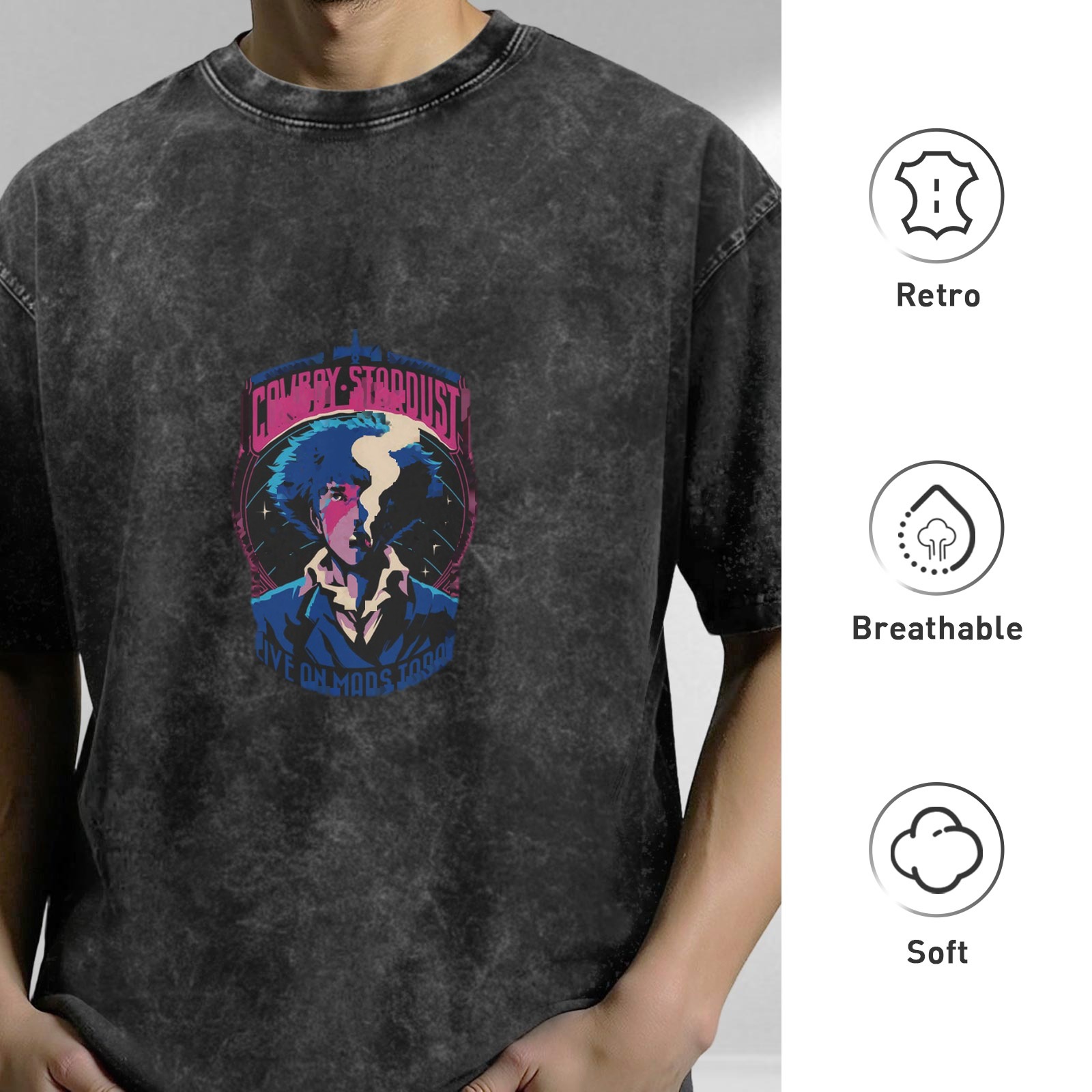 Washed Black Cowboy Stardust Anime Graphic T-Shirt