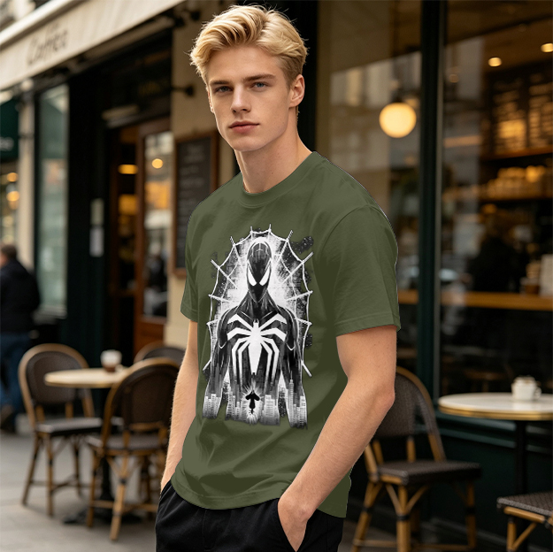 Olive T-shirt with Black Spider-Man Symbiote Suit Web Print