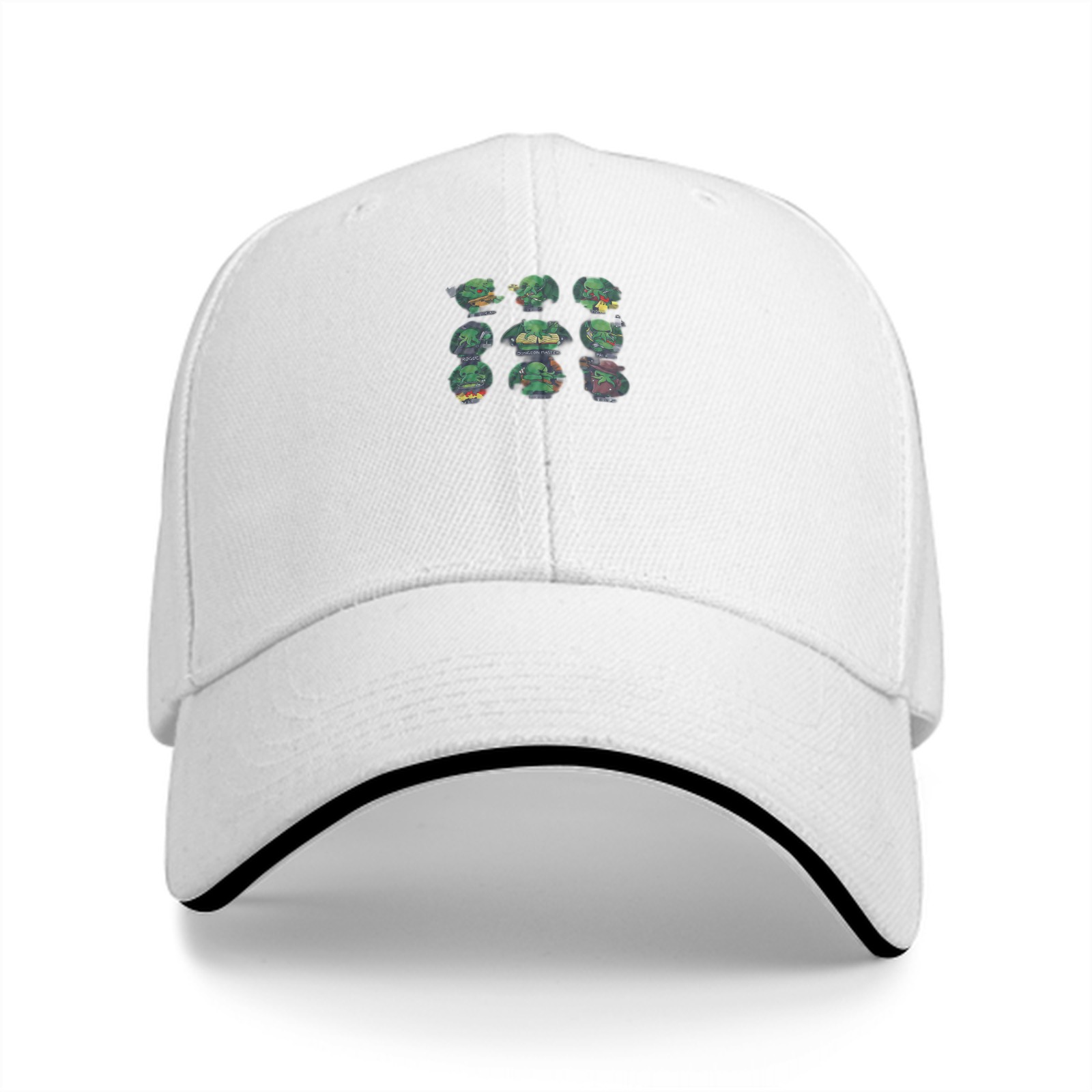 Black baseball cap with small green character grid print