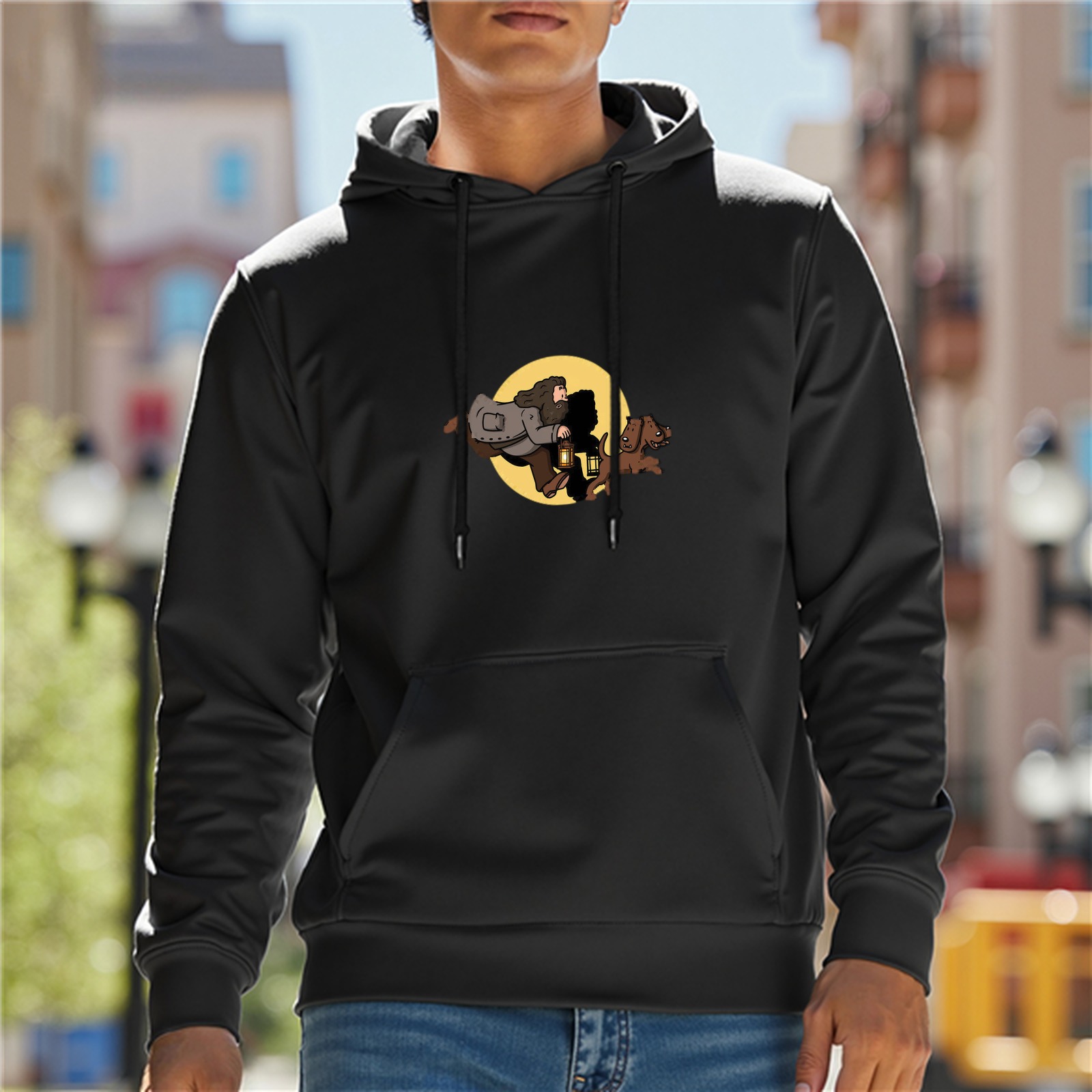 Black hoodie with running character and dog graphic