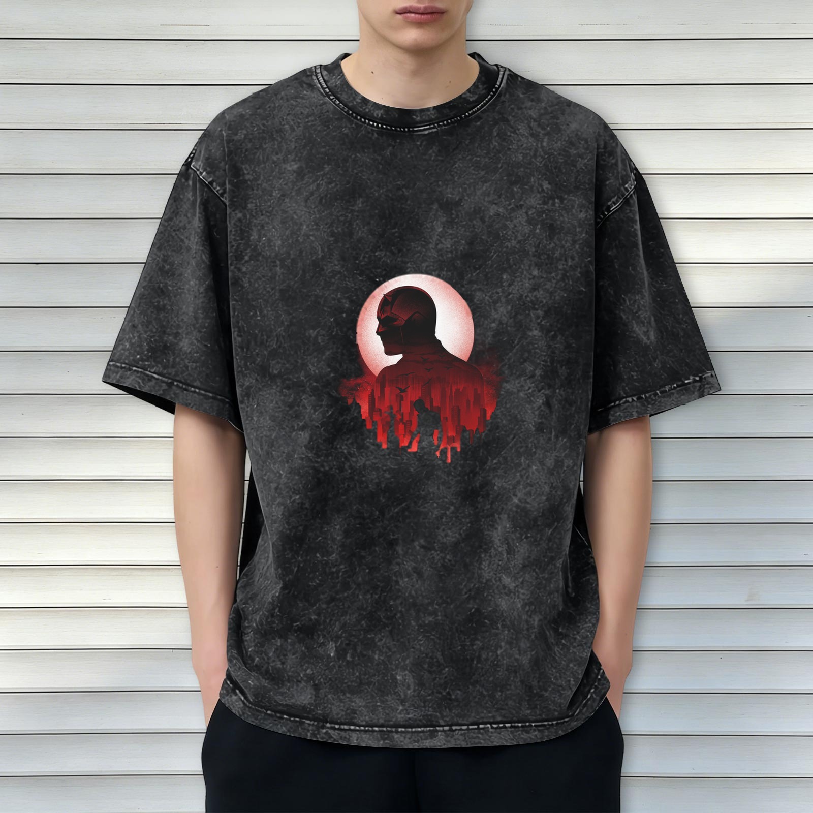 Washed Black T-Shirt with Superhero Silhouette and Red City Print