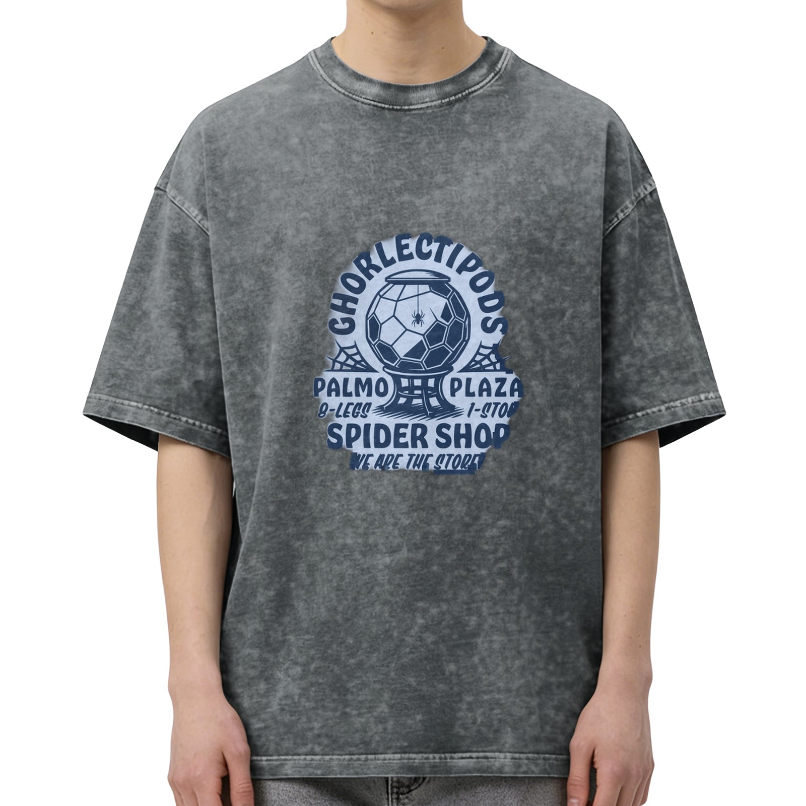 Washed black graphic tee with spider shop themed print