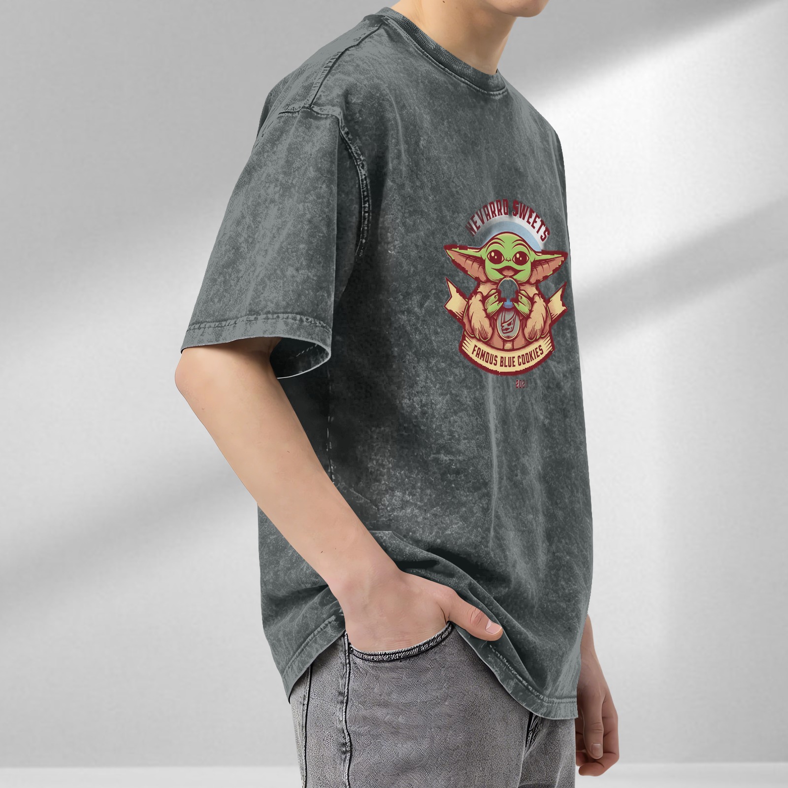Baby Yoda Nevarro Sweets Famous Blue Cookies Acid Wash T-Shirt