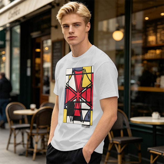 Olive T-Shirt with Mondrian-style Geometric Abstract Graphic Print