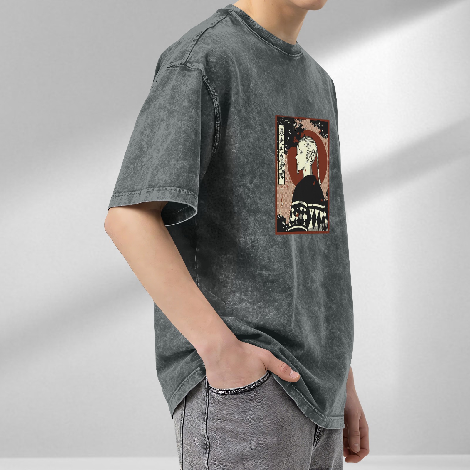 Retro washed black anime character printed short-sleeved T-shirt Street style loose shoulder top