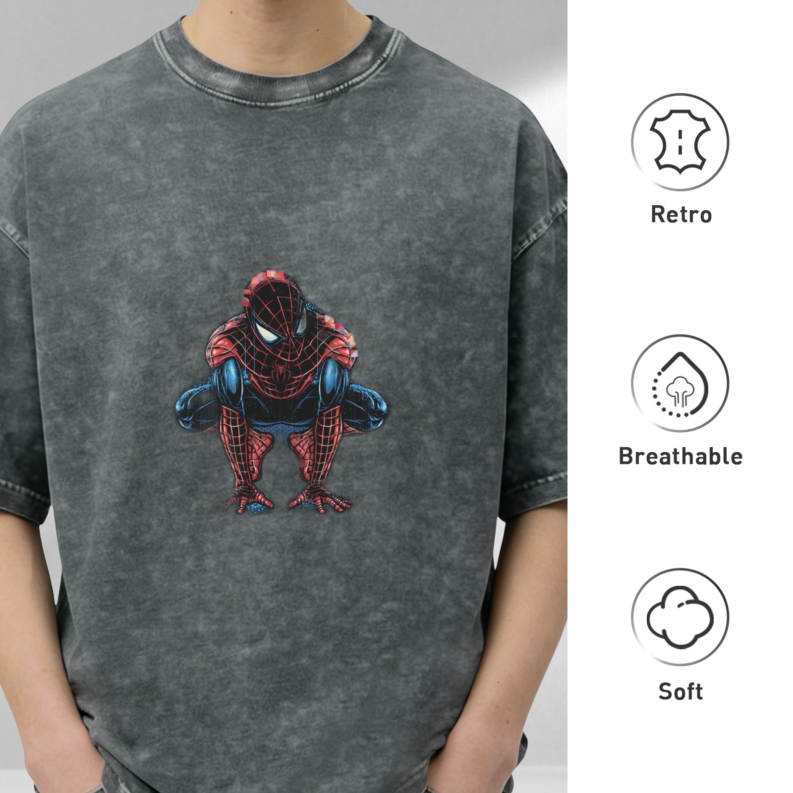 Washed Black Oversized T-Shirt with Spider-Man Graphic Print