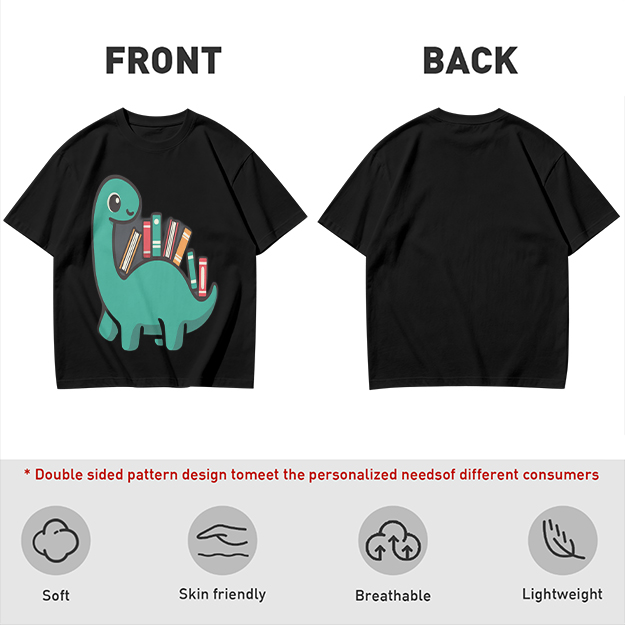 Olive T-shirt with cute dinosaur carrying books graphic