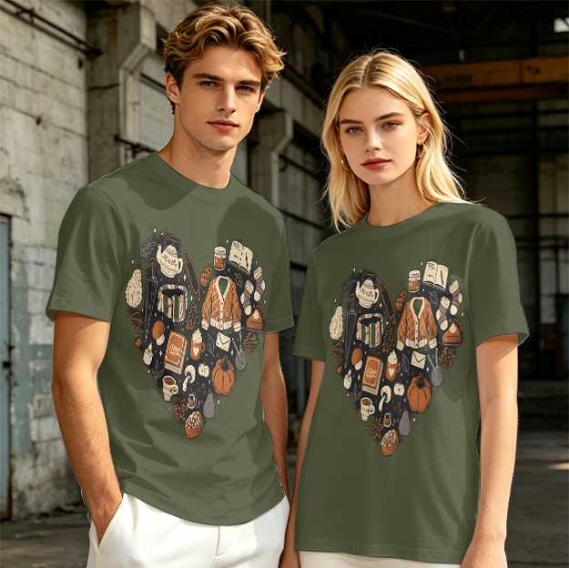 Olive Green T-Shirt With Fall Themed Heart Shaped Graphic