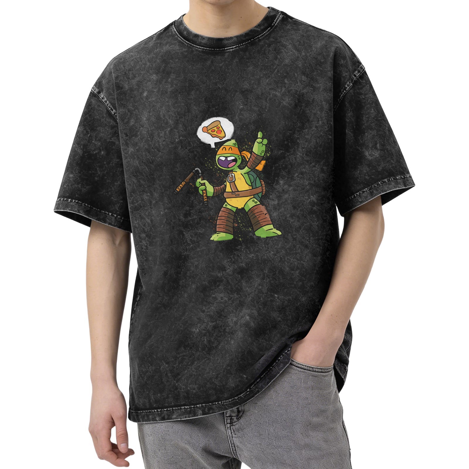 Washed Black T-Shirt With Michelangelo Ninja Turtle Pizza Print