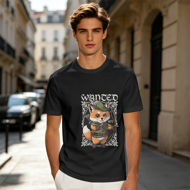 Olive green t-shirt with cute fox archer 'WANTED' graphic