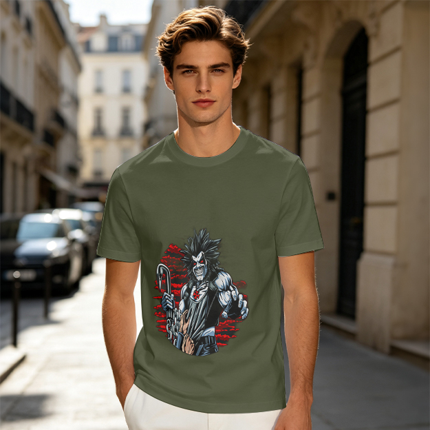 Olive T-shirt with Lobo Comic Character Graphic Print